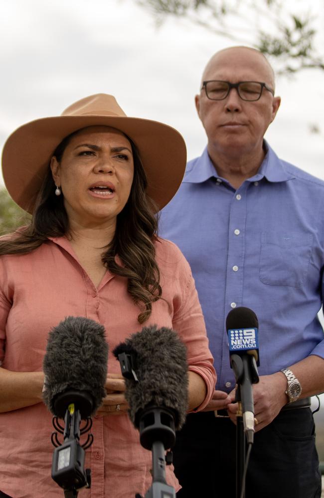 Senator Jacinta Price and Opposition Leader Peter Dutton’s press conference in Alice Springs on Thursday during which Mr Dutton and Senator Price claimed there was widespread child abuse in Central Australia. Picture: Liam Mendes / The Australian