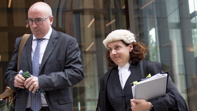 Co-founder of The Chaser and senior ABC producer Julian Morrow with his barrister Sue Chrysanthou on Monday. Picture: Monique Harmer