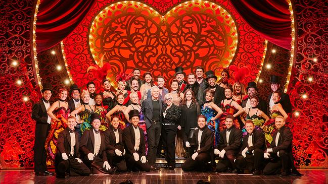 Baz Luhrmann, Catherine Martin and Carmen Pavlovic with the cast of Moulin Rouge! The Musical in Brisbane. Picture: Claudio Raschella