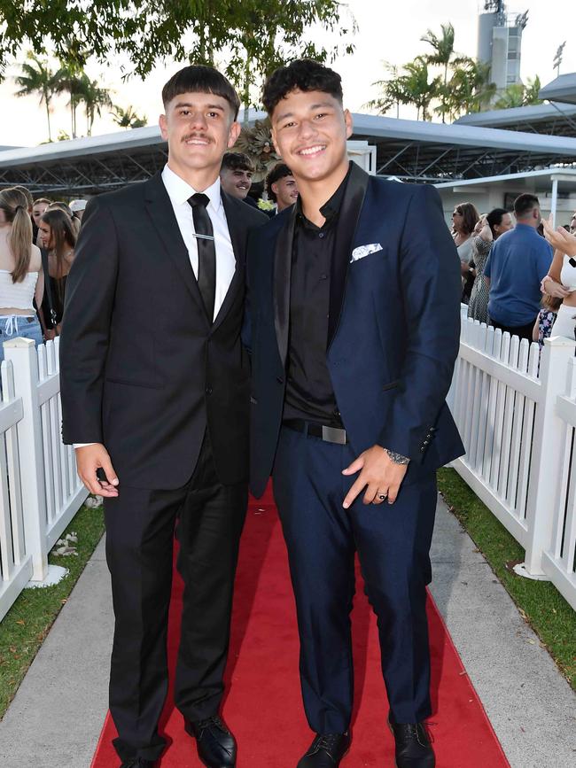 Jack Philp and Jaelym Hohaia at the 2023 Caloundra State High School Year 12 formal. Picture: Patrick Woods.