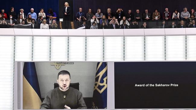 Volodymyr Zelensky speaks in a video conference as the representatives of the Ukrainian people receive the 2022 European Parliament's Sakharov human rights prize. Picture: AFP