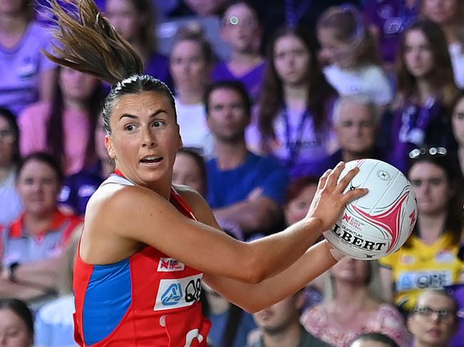 BRISBANE, AUSTRALIA - APRIL 28: Maddy Proud of the Swifts in action during the round three Super Netball match between Queensland Firebirds and NSW Swifts at Nissan Arena, on April 28, 2024, in Brisbane, Australia. (Photo by Albert Perez/Getty Images)