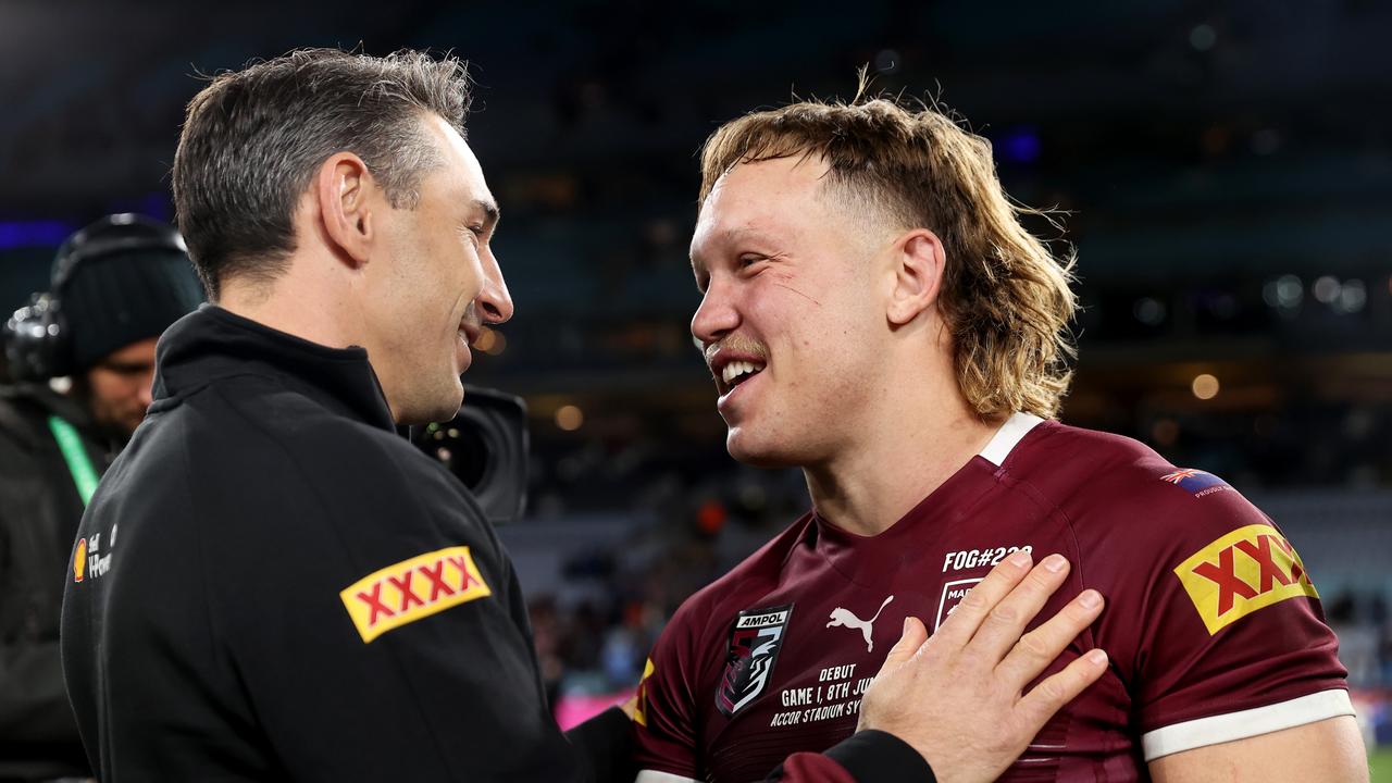 Reuben Cotter and Maroons head coach Billy Slater celebrate victory after game one of the 2022 State of Origin series. Picture: Mark Kolbe/Getty Images