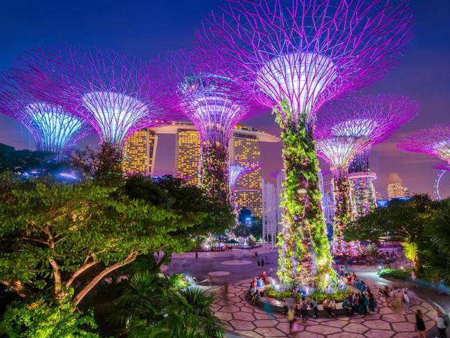 Singapore, Singapore - November 4, 2016: Illuminated Supertrees and Skywalk in Gardens by the bay in Singapore at night