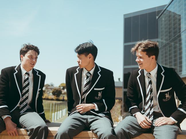 Newington College students are having healthy conversations again. From left, senior students Nicolas Yule, Woojin Lee and Max Langford. Picture: Supplied