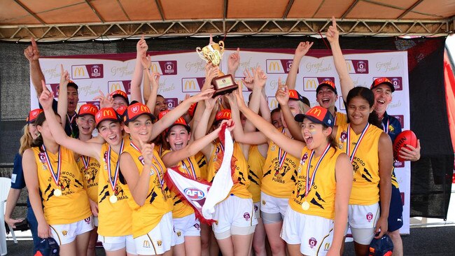 Springwood AFC celebrate a 2020 premiership.