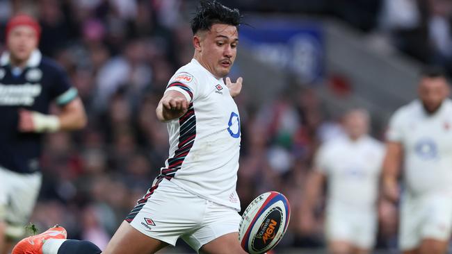 LONDON, ENGLAND - FEBRUARY 22:  Marcus Smith of England kicks the ball upfield during the Guinness Six Nations 2025 match between England and Scotland at the Allianz Twickenham Stadium on February 22, 2025 in London, England. (Photo by David Rogers/Getty Images)