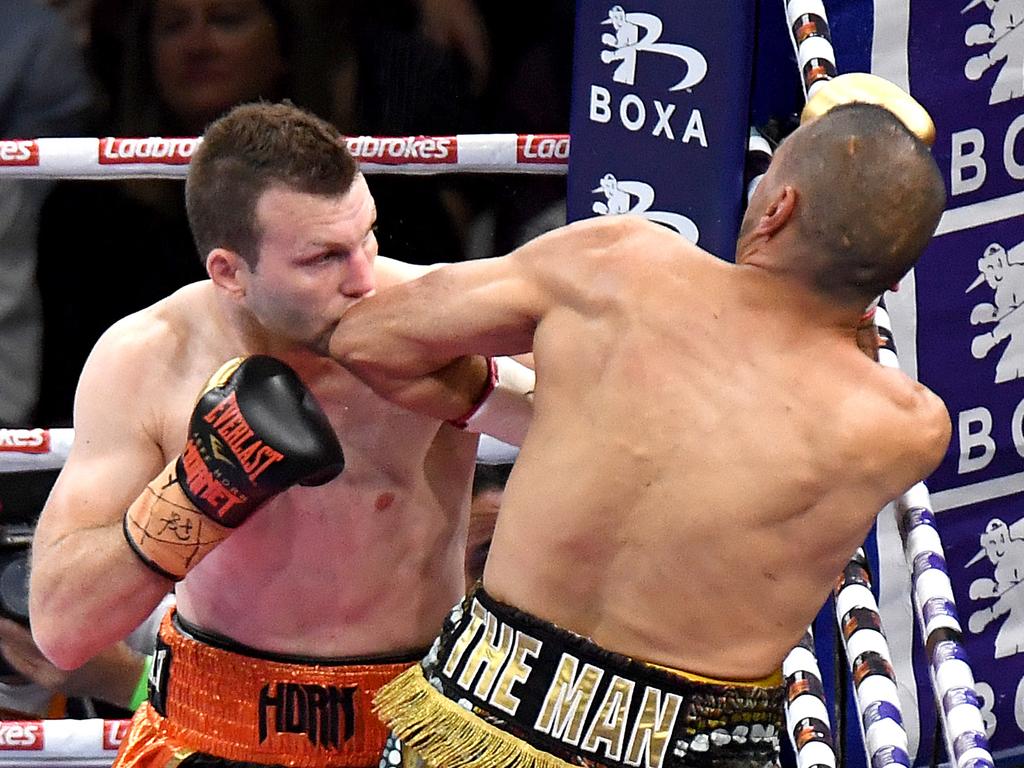 Jeff Horn and Anthony Mundine’s fight from 2018. Photo: Bradley Kanaris/Getty Images.