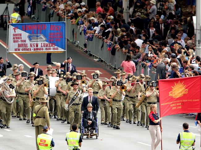 Soldiers march along Sydney’s Elizabeth St. Picture: John Grainger