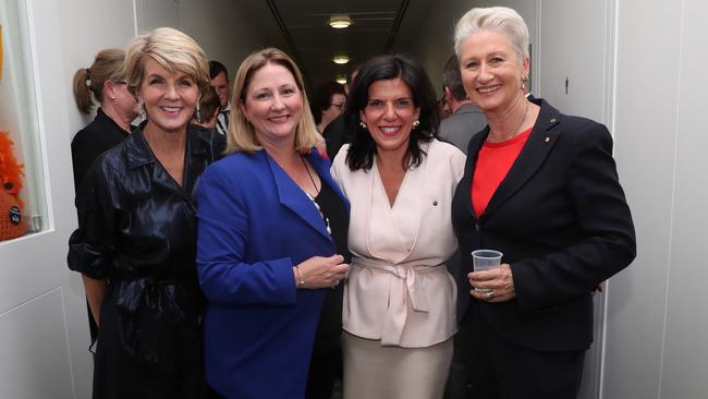 Julie Bishop, Rebehka Sharkie, Julia Banks and Dr Keryn Phelps at the Crossbench Christmas Party in Parliament House in Canberra.