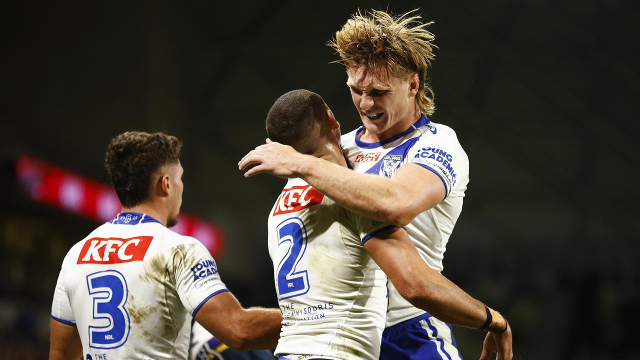 Jacob Kiraz and Jacob Preston celebrate a Bulldogs try. Picture: Daniel Pockett/Getty Images