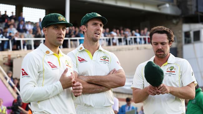 Alex Carey, Mitchell Marsh and Travis Head look on after another painful Ashes defeat. Picture: Getty