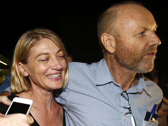 STara Brown and producer Stephen Rice were rushed past the media in Sydney. Picture: Daniel Munoz/Getty