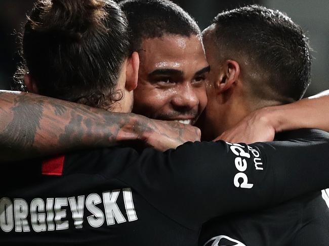 SYDNEY, AUSTRALIA - JULY 31: Kwame Yeboah of the Wanderers celebrates after scoring a goal during the round 29 A-League match between the Western Sydney Wanderers and the Wellington Phoenix at Bankwest Stadium on July 31, 2020 in Sydney, Australia. (Photo by Mark Metcalfe/Getty Images)