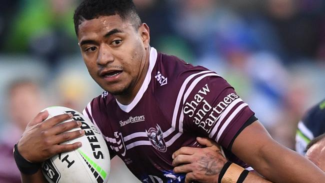 Manase Fainu of the Sea Eagles during the Round 23 NRL match between the Canberra Raiders and the Manly Sea Eagles at GIO Stadium in Canberra, Sunday, August 25, 2019. (AAP Image/Joel Carrett) NO ARCHIVING, EDITORIAL USE ONLY