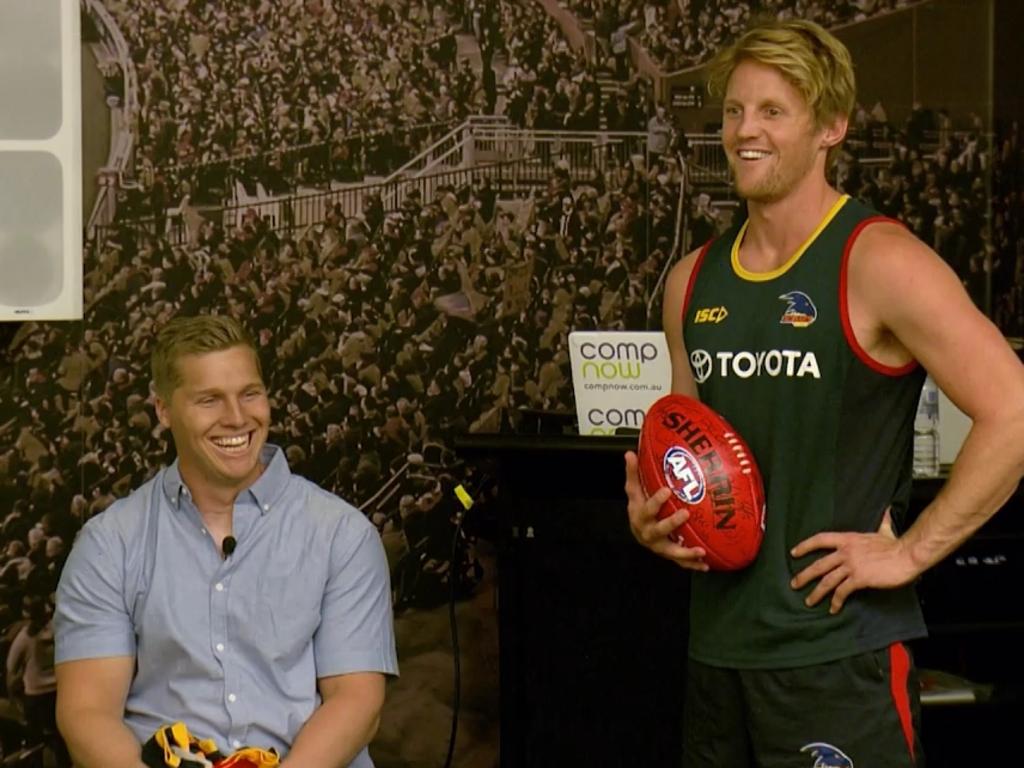 Crows players including captain Rory Sloane listen to Sam Willoughbytalking to the players last week. Pictures: AFC.