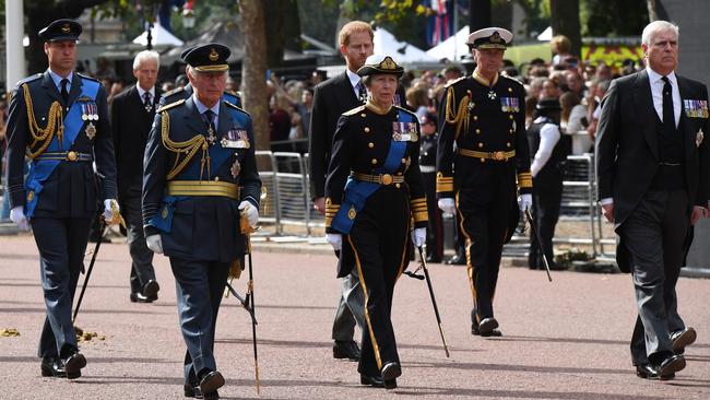 Prince William, left, King Charles, Prince Harry, Princess Anne and Prince Andrew walk behind the Queen’s coffin down the Mall in London. Picture: Getty Images