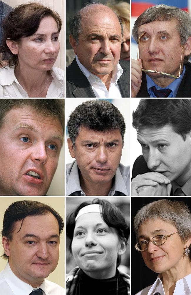 Russian Human Rights activist Natalia Estemirova, Russian businessman Boris Berezovsky, leader of the Liberal Russia party Sergei Yushenkov, former Russian intelligence agent Alexander Litvinenko, Russian opposition leader and former cabinet minister Boris Nemtsov, Russian human-rights lawyer Stanislav Markelov, Russian lawyer Sergei Magnitsky, Novaya Gazeta reporter Anastasiya Baburova, and Russian journalist Anna Politkovskaya are some of the ‘inconvenient people’ who have met their deaths.