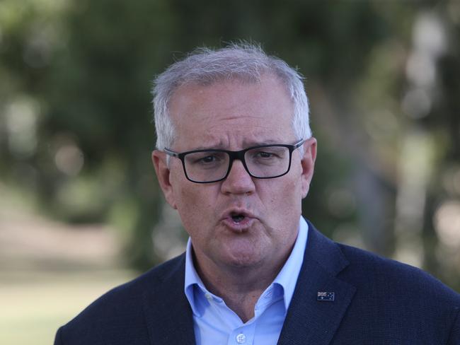 ADELAIDE, AUSTRALIA - Advertiser Photos FEBRUARY 13, 2022: Prime Minister Scott Morrison at a press conference to launch the development of the South Road tunnels in St MaryÃs, SA. Picture Emma Brasier