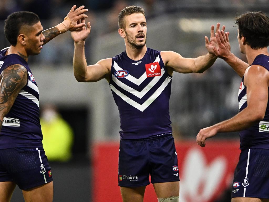 Sam Switkowski of the Dockers celebrates a goal during a win over North Melbourne. Picture: Daniel Carson/AFL Photos via Getty Images