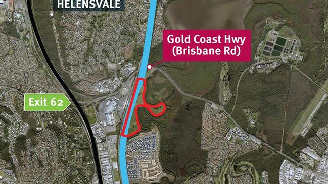 The land, marked in red, resumed by the State Government from developer Villawood for $60.5m for the Coomera Connector, which is marked in blue. The existing M1 is marked in black.