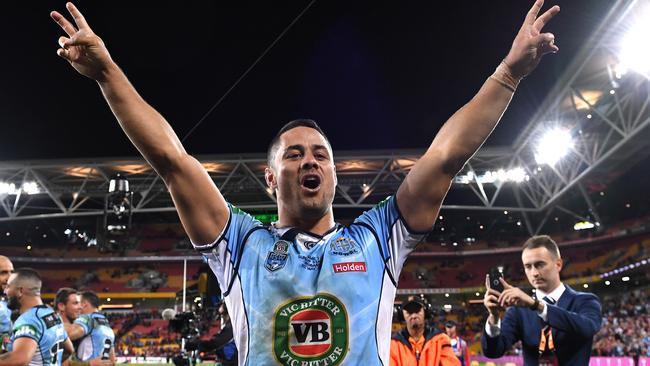 Jarryd Hayne of the NSW Blues celebrates following Game 1.