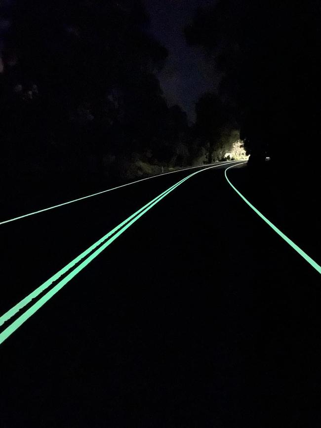 Gippsland company Tarmac Linemarking’s glow-in-the-dark road lines in Victoria. Picture: Tarmac Linemarking.