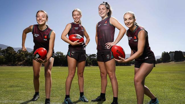 Members of the Tasmania Devils girls leadership group Perri King, 17, Claire Ransom, 16, Amy Prokopiec, 17 and Jemma Webster, 18 ahead of their first game of the NAB League Girls season. Picture: Zak Simmonds