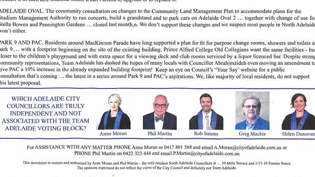 The newsletter issued by Adelaide City Council members Anne Moran and Phillip Martin. Picture: Supplied