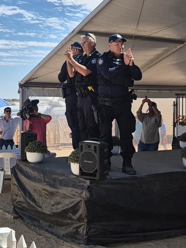 Stephan Pursell on the catwalk on at the 2024 Birdsville Races with backup from Mount Isa. Picture: Jessica Ball