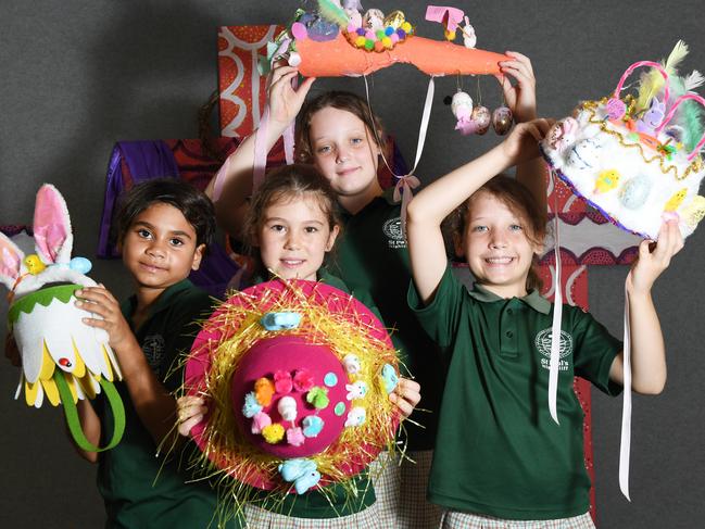 St Pauls Primary school will be dressing in their best Easter bonnets ahead of the Easter long weekend. . St PaulÕs Catholic Primary School students  Jade Obajdin Year 3 Mackenzie Mumme, Year 3, Lillianne Baumber, Year 4,   Jade Obajdin Year 3, Ella Baumber Year 6. Pic Katrina Bridgeford.