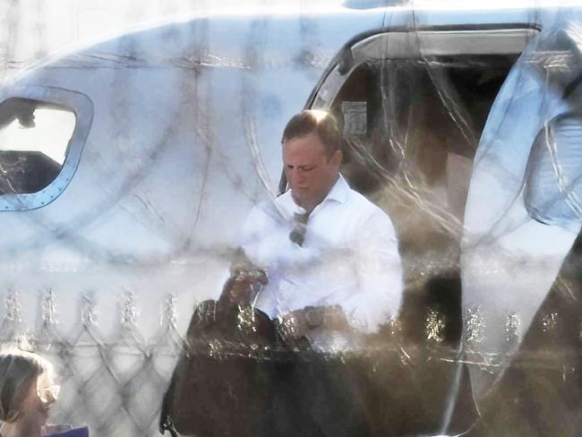 23/4/2024: QLD Premier Steven Miles and staff exit a private jet, VH-VKX, at the Government Air Wing, Brisbane Airport. pic: Lyndon Mechielsen/Courier Mail