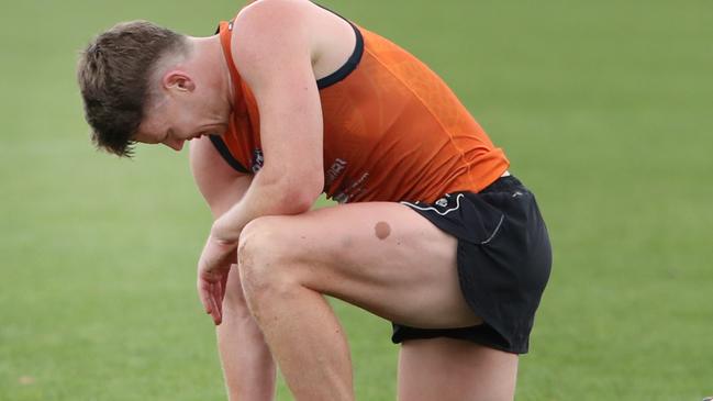 Matt Cottrell checks on SAM WALSH after a collision at Carlton Football training at Ikon Park. Saturday, December 16, 2023. Picture: David Crosling