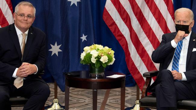 Prime Minister Scott Morrison meets with US President Joe Biden on the sidelines of the UN General Assembly in New York. Picture: AFP