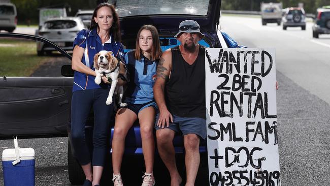 Lee Maynard, her partner Tommy Vucetit and their daughter Claudia Vucetic, 13, have found themselves homeless with their dog Sparticus after they moved out from their rental of seven years. Picture: Brendan Radke