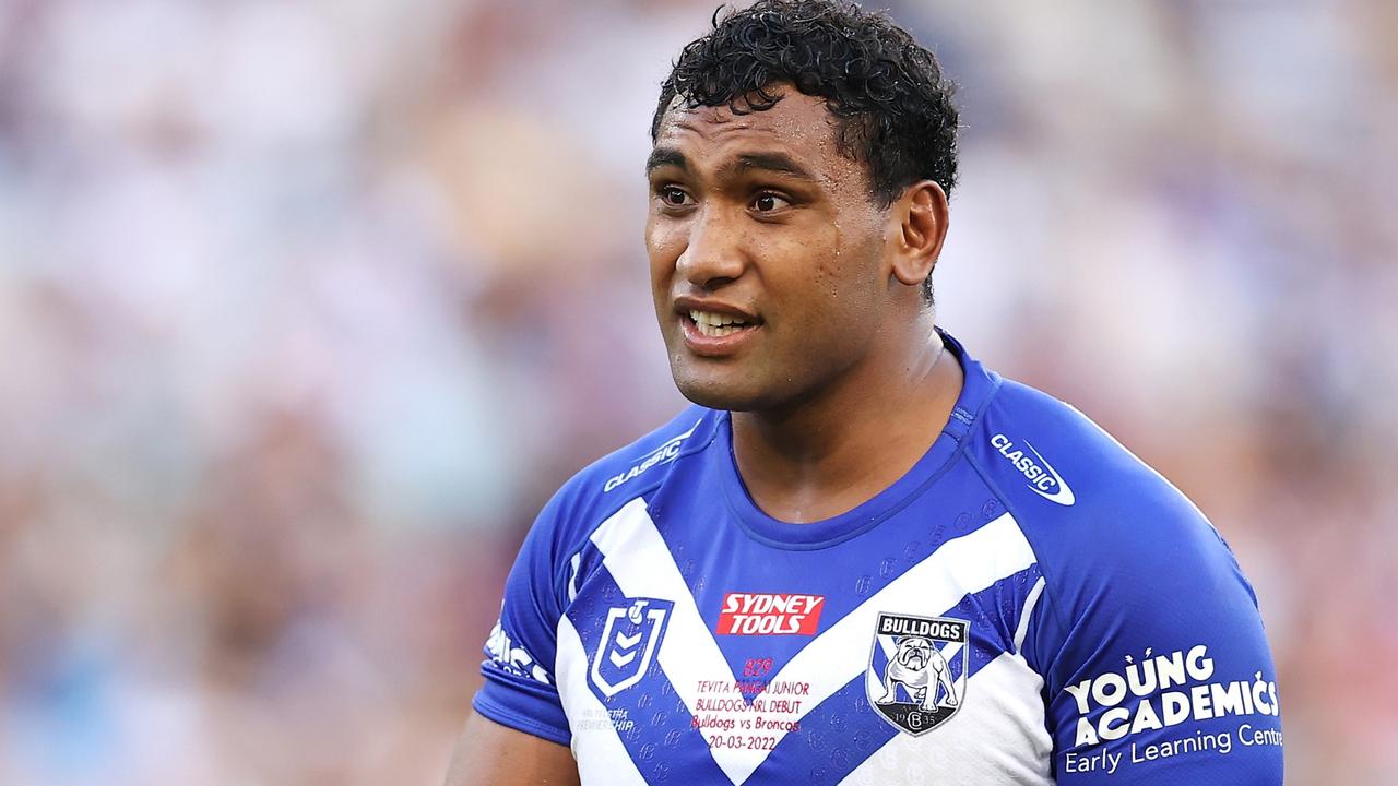 SYDNEY, AUSTRALIA - MARCH 20: Tevita Pangai Junior of the Bulldogs watches on during the round two NRL match between the Canterbury Bulldogs and the Brisbane Broncos at Accor Stadium, on March 20, 2022, in Sydney, Australia. (Photo by Mark Kolbe/Getty Images)
