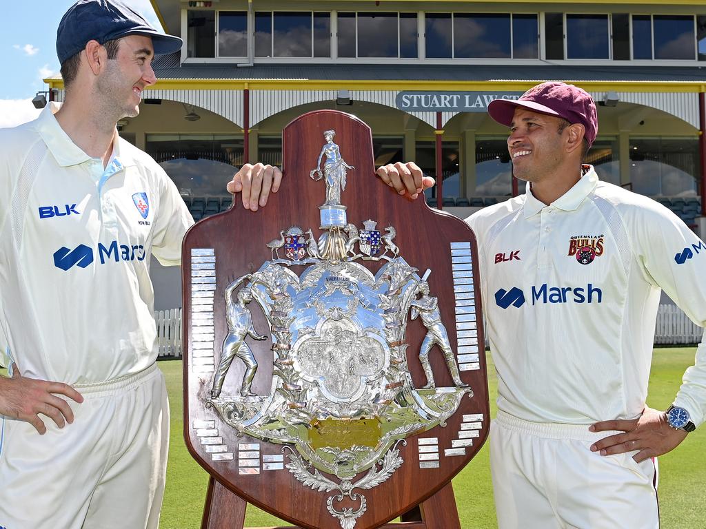 Rival skippers Kurtis Patterson (left) and Usman Khawaja eye each other and the Sheffield Shield prize. Picture: Bradley Kanaris/Getty Images