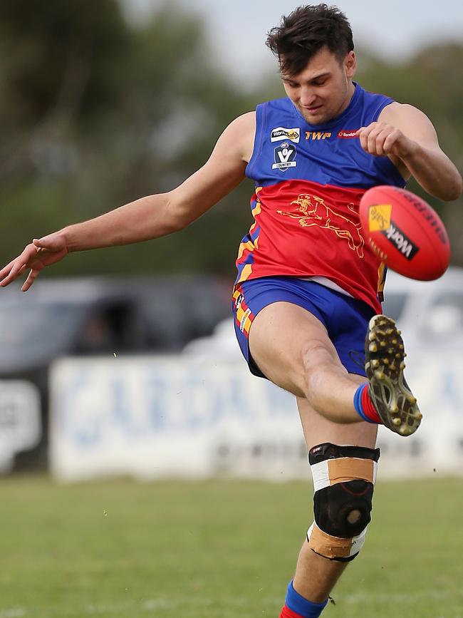 Marong’s Brandyn Grenfell became the first player in Victoria to kick 100 goals in senior football this year. Picture Yuri Kouzmin