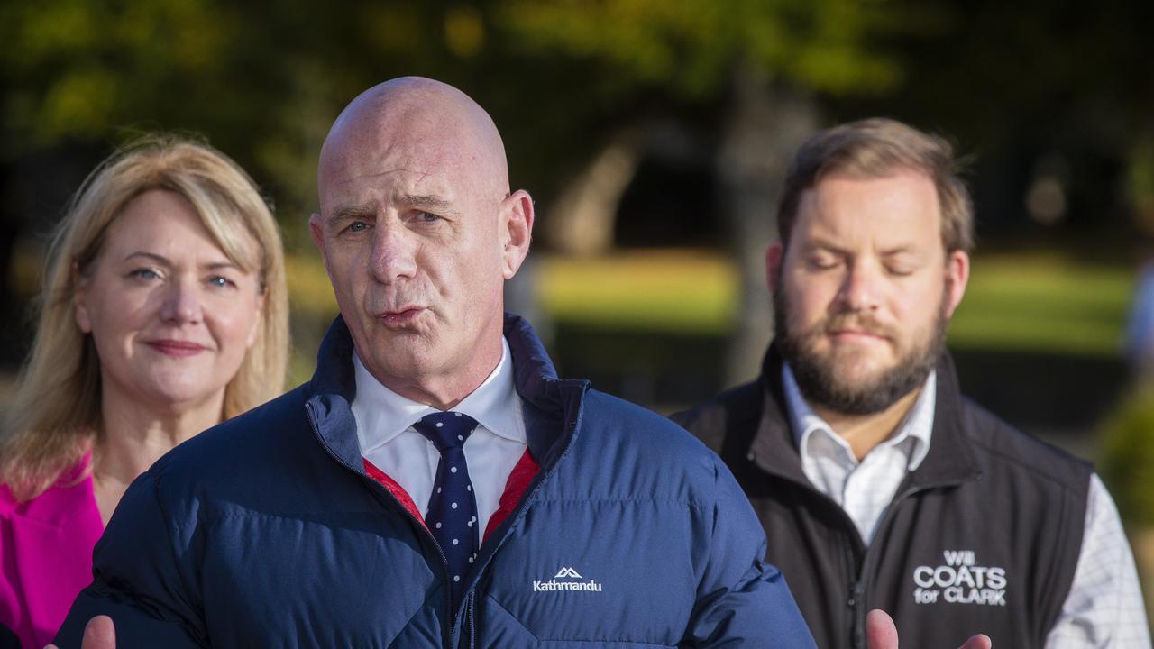 HOBART, AUSTRALIA - NewsWire Photos April 30 2021: Premier of Tasmania Peter Gutwein at a press conference with other ministers and candidates, at Princes Wharf No. 1 the day before the 2021 Tasmanian State Election on Saturday 1st May. Picture: NCA NewsWire / Richard Jupe