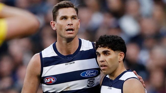 Tyson Stengle has excelled at the feet of forwards Tom Hawkins and Jeremy Cameron. Picture: Dylan Burns/AFL Photos via Getty Images