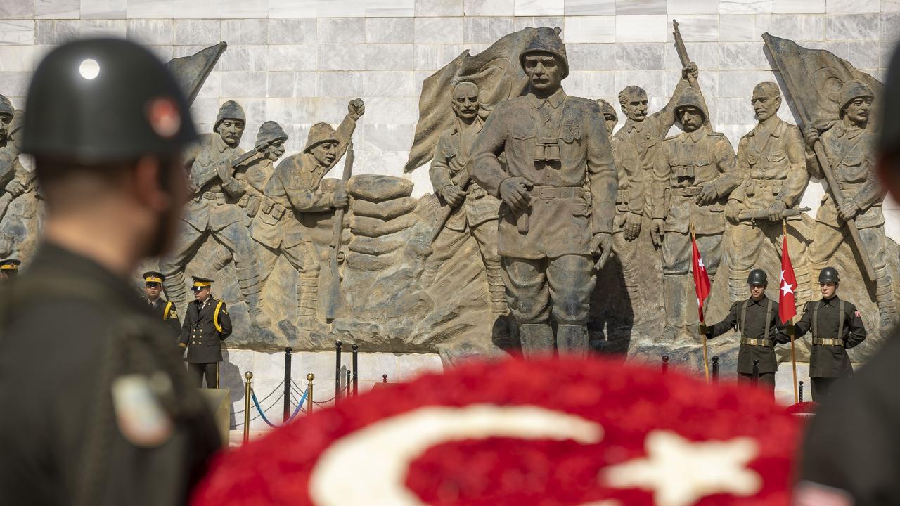 Soldiers of the Turkish Army prepare to lay wreaths during the Turkish international service at Gallipoli, Turkey.