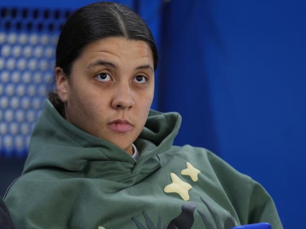 LONDON, ENGLAND - MARCH 27: Sam Kerr of Chelsea Women watches on from the stands during the UEFA Women's Champions League Quarter Finals Second Leg match between Chelsea FC and Manchester City at Stamford Bridge Stadium in London, England on March 27, 2025. (Photo by Crystal Pix/MB Media/Getty Images)