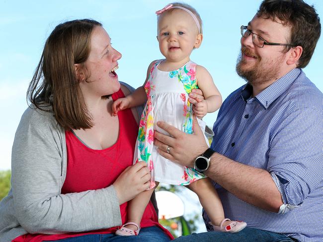 Little Charlotte Shea and parents Joe and Sara. Picture: Ian Currie