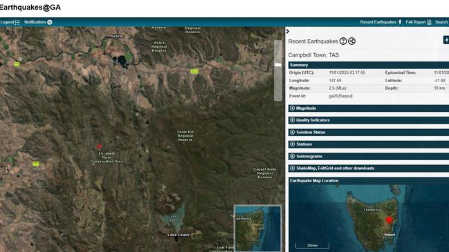 Data from the Geoscience Australia website showing a small earth quake that shook Campbell Town, Tasmania.