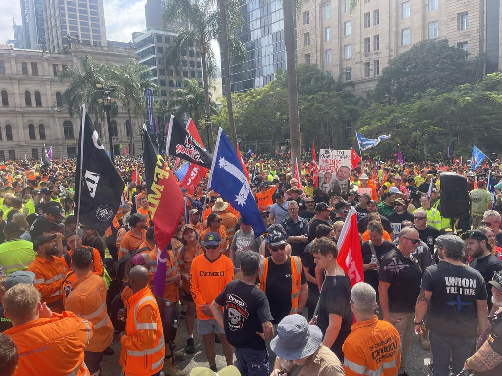 CFMEU protesters gather in Queens Square to protest the appointment of administrators by the federal government. Picture: Steve Pohlner