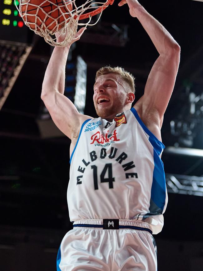 White hammers it down against the Hawks. Picture: Getty Images