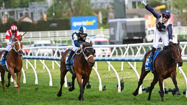 Buckaroo (centre) and Land Legend (left) chase home Duke De Sessa in the 2024 Caulfield Cup. Picture: Vince Caligiuri / Getty Images