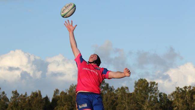 GCDRU (Gold Coast Rugby) first grade clash between Helensvale Hogs (pink) and Nerang Bulls. (white). Pic Mike Batterham