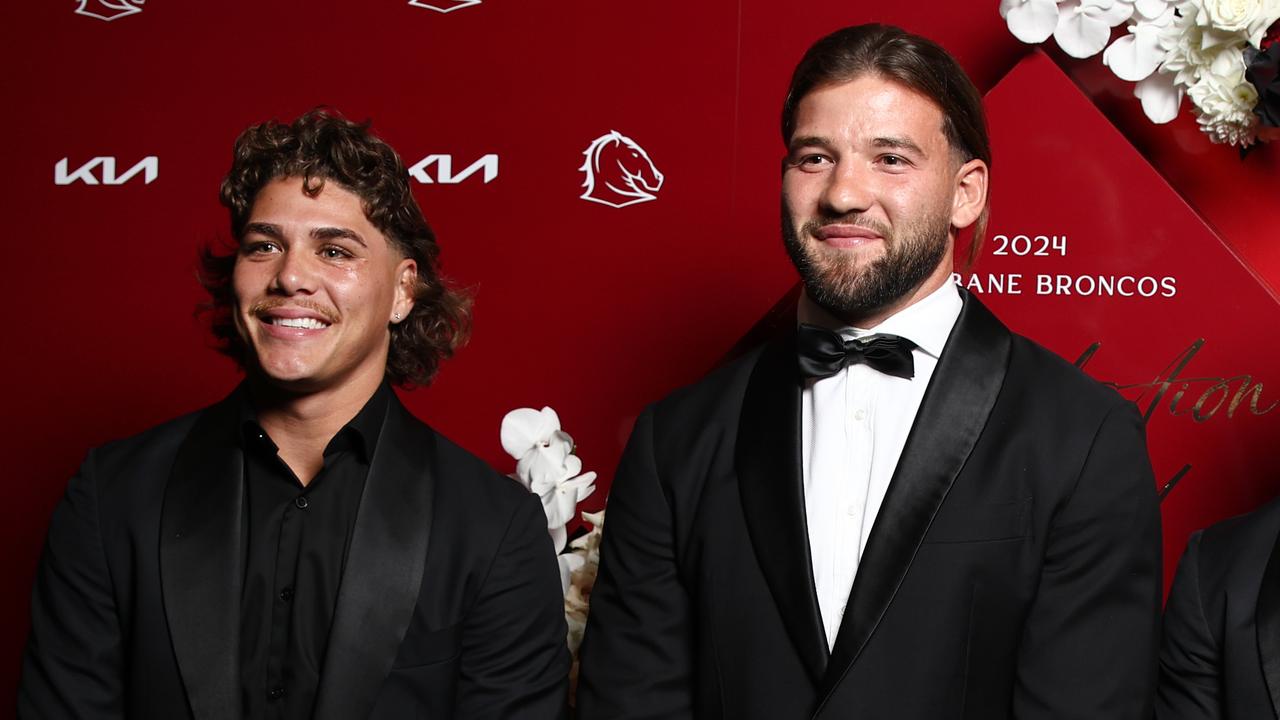 Reece Walsh and Patrick Carrigan at the Broncos’ end of year awards. Picture David Clark.