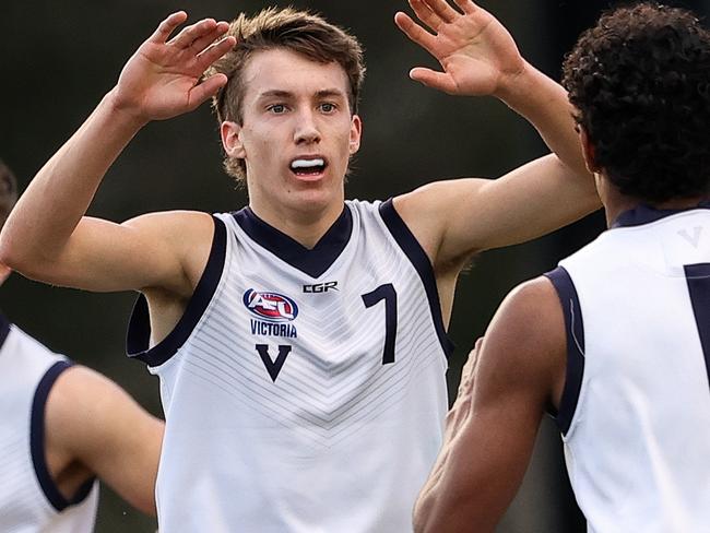 MELBOURNE, AUSTRALIA - JUNE 27: Judson Clarke of Vic Country celebrates a goal during the U19 trial match between Vic Metro and Vic Country on June 27, 2021 in Melbourne, Australia. (Photo by Martin Keep/AFL Photos)